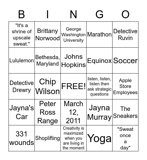 Murder in the Yoga Store Bingo Card