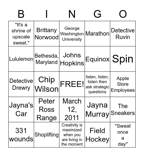 Murder in the Yoga Store Bingo Card