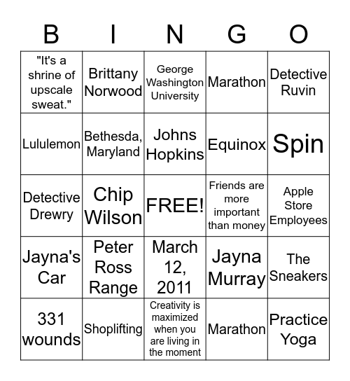 Murder in the Yoga Store Bingo Card