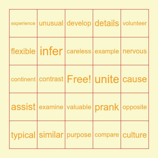 Vocabulary! Bingo Card