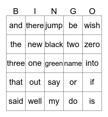 Kindergarten Sight Words Bingo Card
