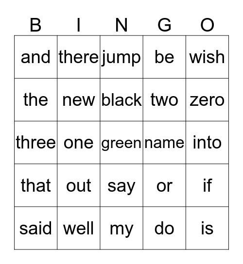Kindergarten Sight Words Bingo Card