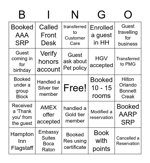 Hilton Bingo Card