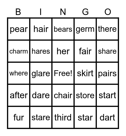 ARE, AIR, EAR, ERE Bingo Card