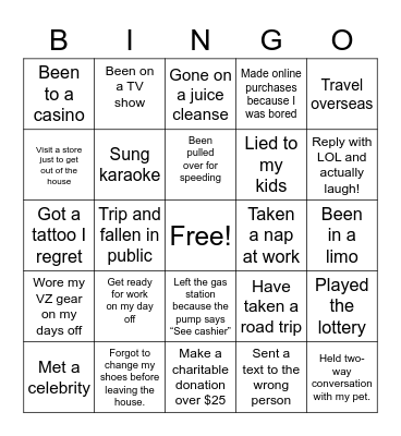 “Never Have I Ever” Bingo Card