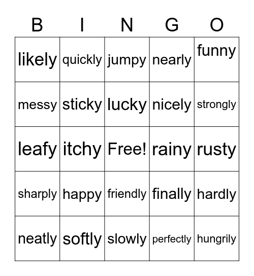 y and ly Bingo Card