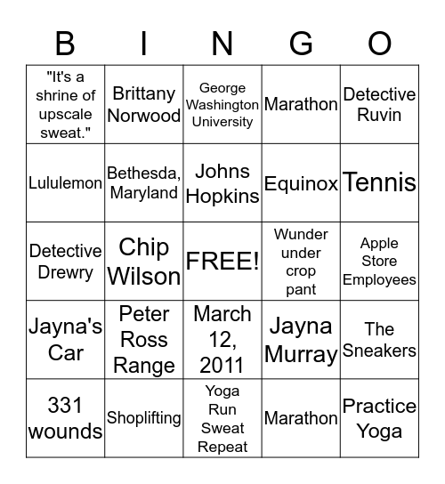 Murder in the Yoga Store Bingo Card