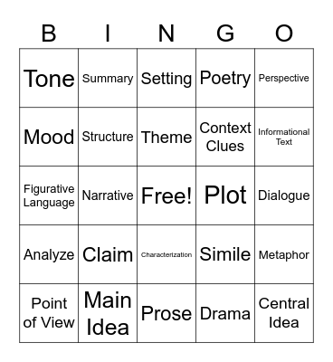 6th Grade English Bingo Card