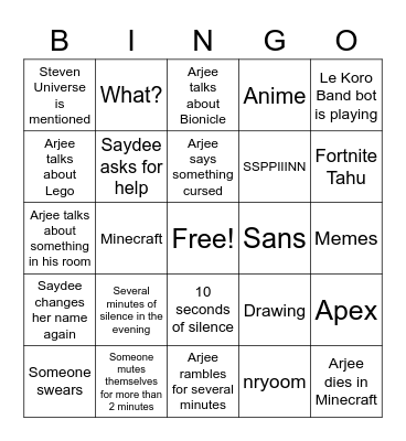 Kool Kids Klub Bingo Card