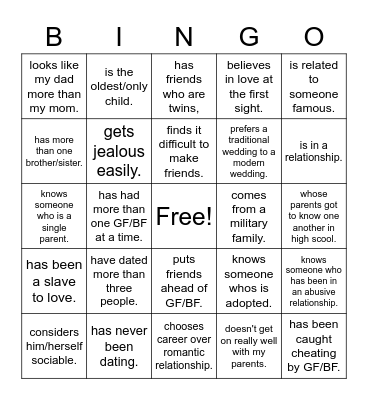 Relationship Bingo Card