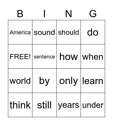 Sight Words Bingo Card