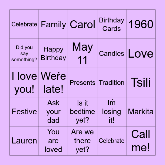Mother´s Day, Lauren and Carol Bdays Bingo Card