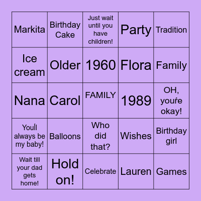 Lauren/Carol Birthdays/Motherś Day Bingo Card