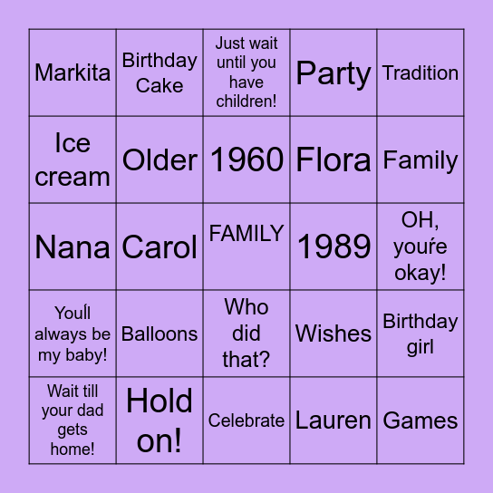 Lauren/Carol Birthdays/Motherś Day Bingo Card