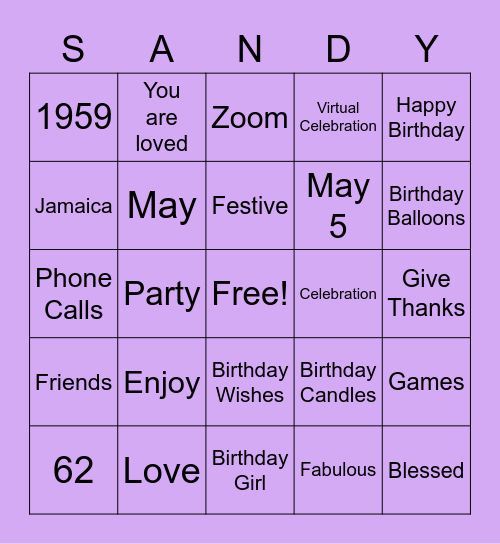 Sandra's 62 & Fabulous Bingo Card