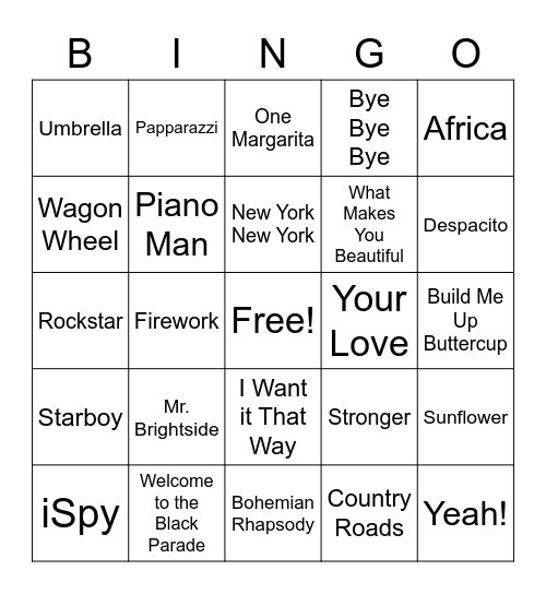 Musical Bingo Card