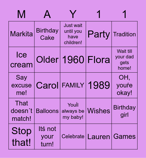 Lauren & Carol Birthdays/Motherś Day! Bingo Card