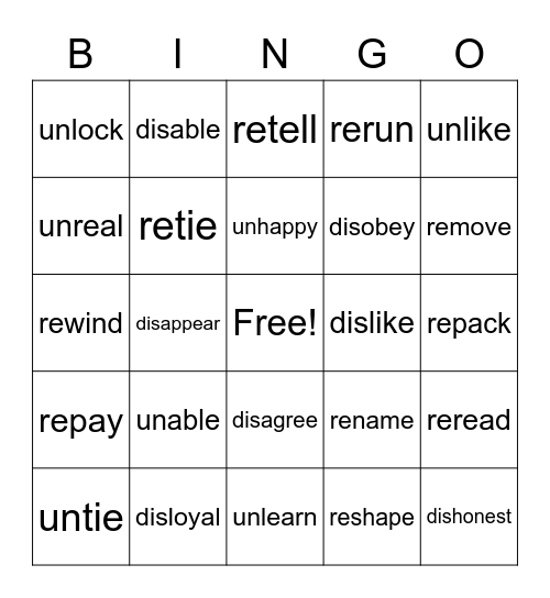 Re, Un, and Dis Prefixes Bingo Card