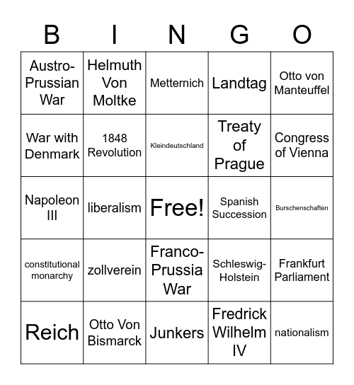 German Nationalism Bingo Card