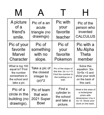 Math Bingo Card Bingo Card