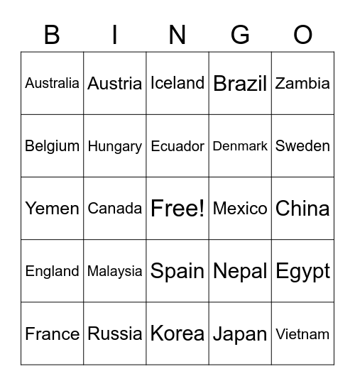 Countries Fingerspelling Bingo Card