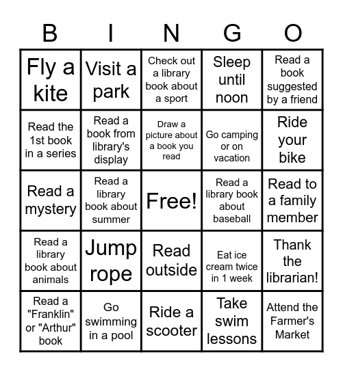 Summer Reading  Bingo/Lower Grades Version/ Bring your card to library each time you complete a row, column or diagonal bingo for treat. Bingo Card