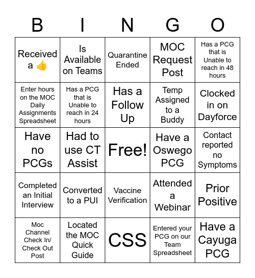 MY TEAM WEEKLY BINGO BOARD Bingo Card