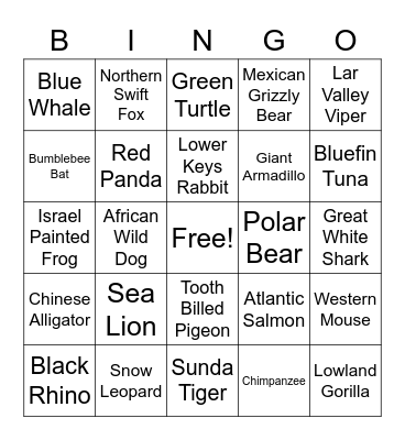Endangered Species BINGO Card