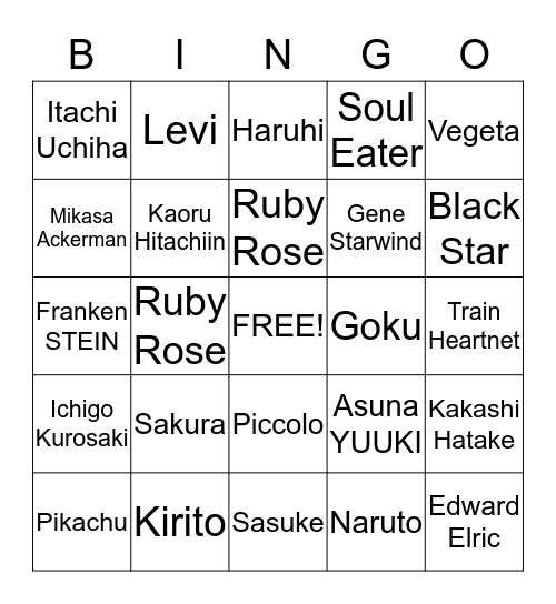 ANIME CHARACTERS Bingo Card