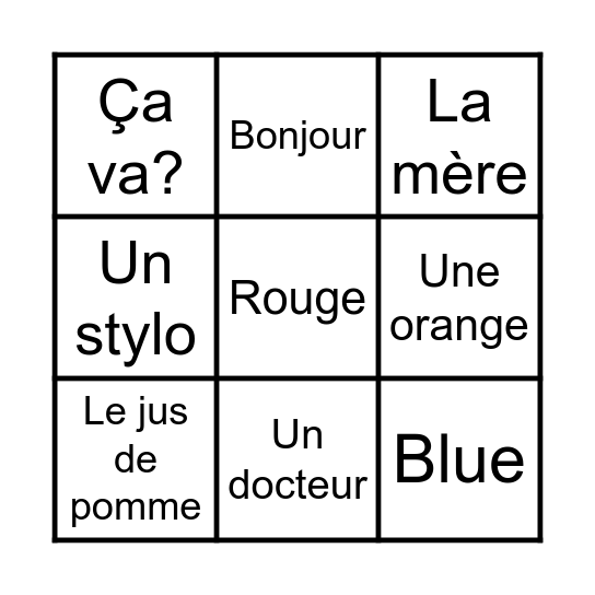 Bingo en français! Bingo Card