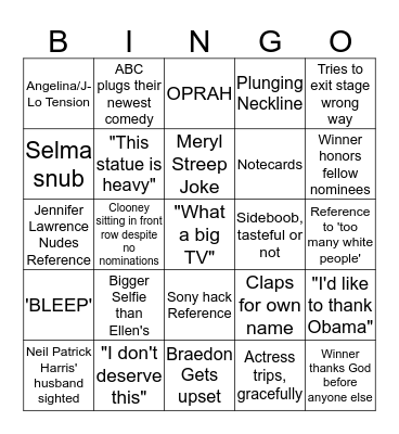Honoscars Bingo 10 Bingo Card