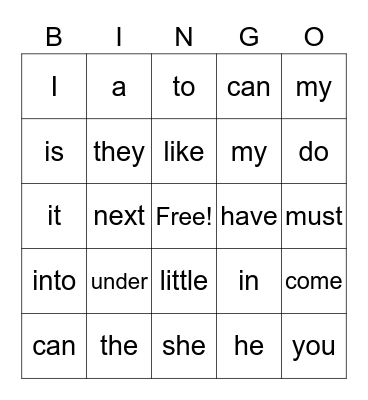 Sight Words Bingo Card