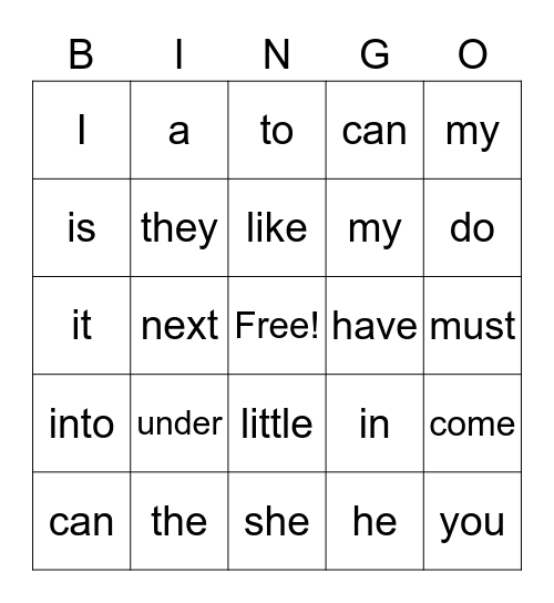 Sight Words Bingo Card