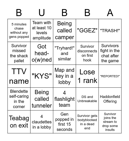 DBD STREAM Bingo Card
