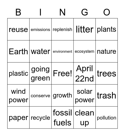 Earth Day Bingo Card