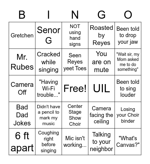HHS CHOIR Bingo Card
