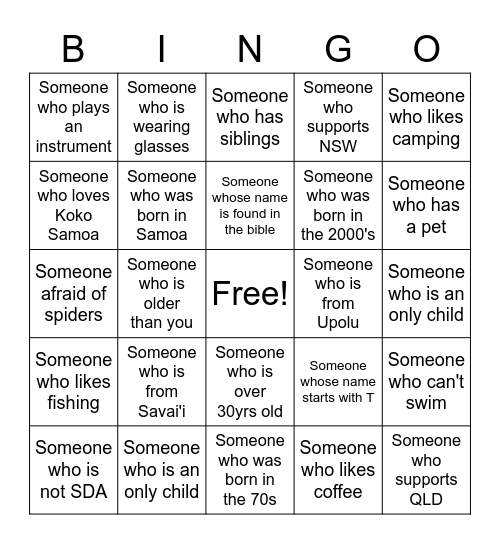 Getting to Know You Bingo Card