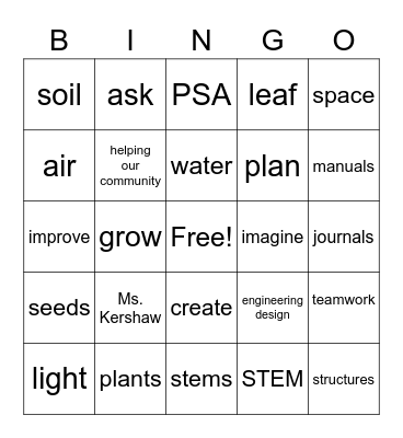 STEM PBL - Kershaw Bingo Card