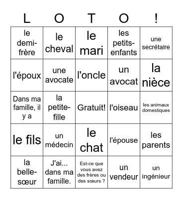 Ch. 4.1 La famille et les professions (Fr) Bingo Card