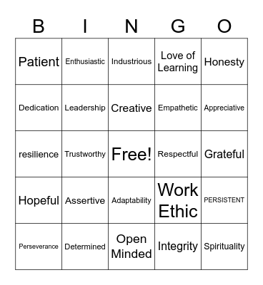 Strengths Bingo Card