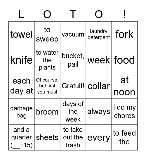 Ch. 9.3 Les tâches ménagères (Eng) Bingo Card