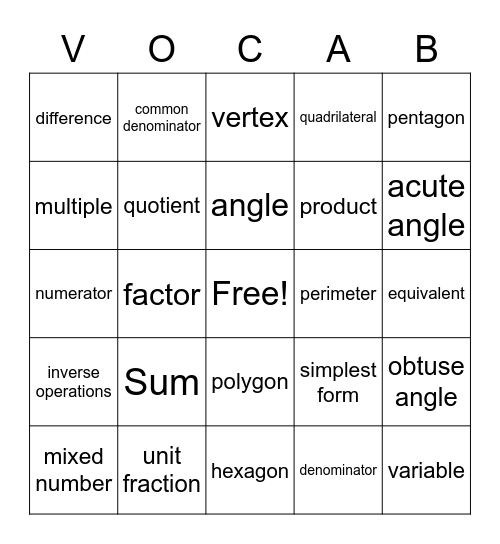 Math Vocabulary Bingo Card