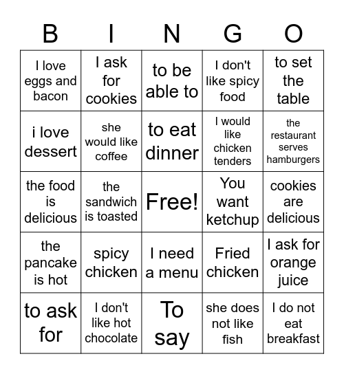 Vocabulario 1: en el restaurante Bingo Card