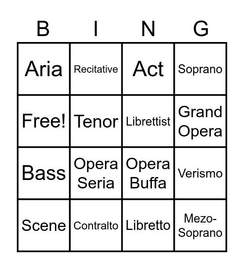 Opera!! Bingo Card