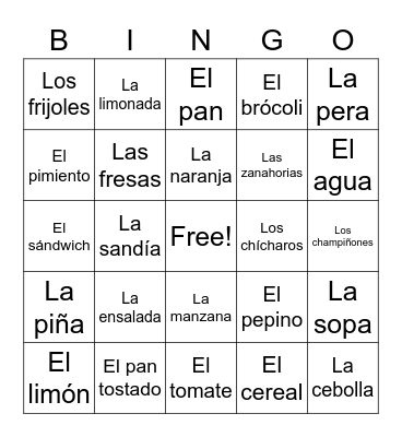 La comida Bingo Card