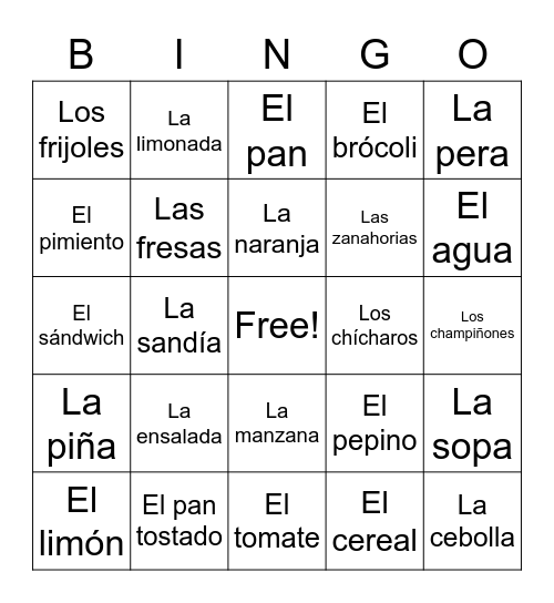 La comida Bingo Card
