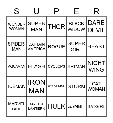 SUPERHEROES Bingo Card