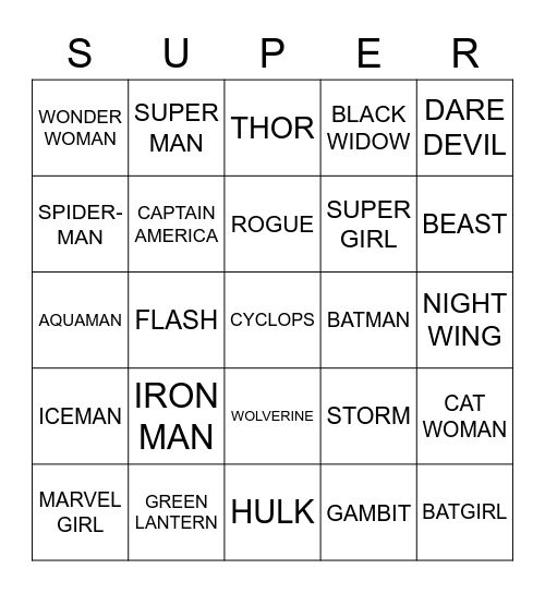 SUPERHEROES Bingo Card