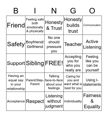 Healthy Teen Relationships Bingo Card