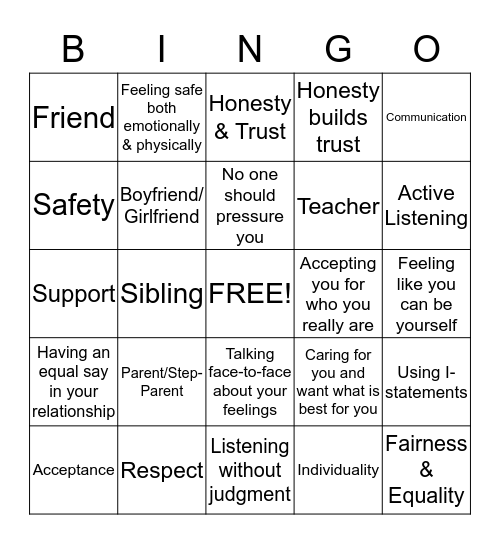 Healthy Teen Relationships Bingo Card